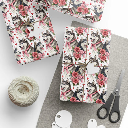 Siberian Husky Valentine Wrapping Paper — styled gift wrapping with scissors and twine