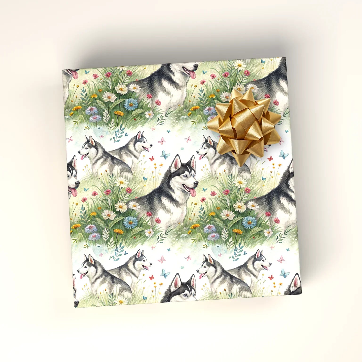 Siberian Husky Wildflower Wrapping Paper — wrapped gift presentation