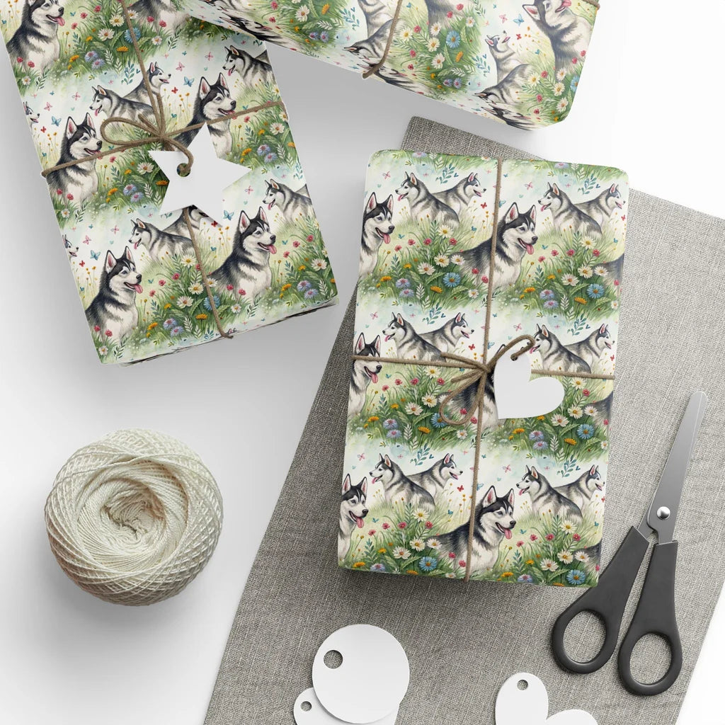 Siberian Husky Wildflower Wrapping Paper — styled gift wrapping with scissors and twine