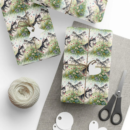 Siberian Husky Wildflower Wrapping Paper — styled gift wrapping with scissors and twine