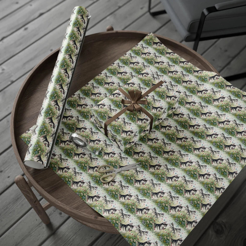 Siberian Husky Wildflower Wrapping Paper — gift wrapping presented on a wooden table