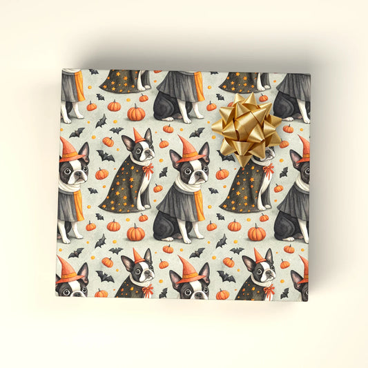 Spooky Boston Terrier Halloween Wrapping Paper — wrapped gift presentation