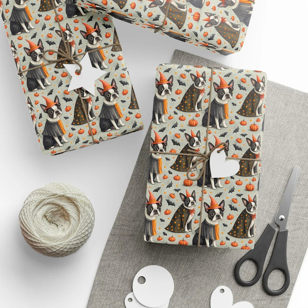 Spooky Boston Terrier Halloween Wrapping Paper — styled gift wrapping with scissors and twine