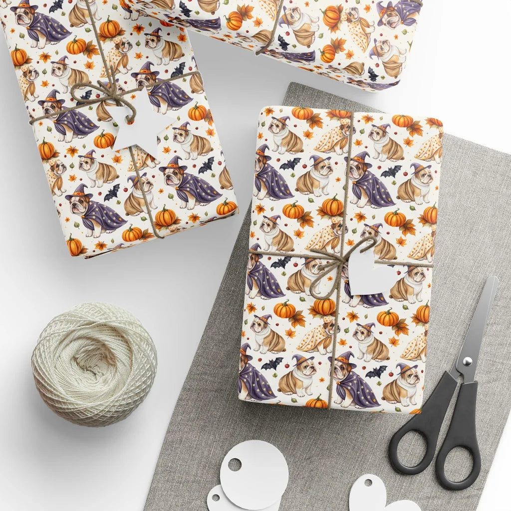 Spooky Bulldog Halloween Wrapping Paper — styled gift wrapping with scissors and twine