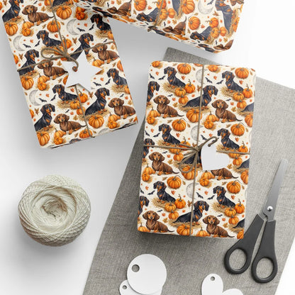 Spooky Dachshund Halloween Wrapping Paper — styled gift wrapping with scissors and twine