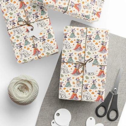 Spooky Dalmatian Halloween Witch Wrapping Paper — styled gift wrapping with scissors and twine