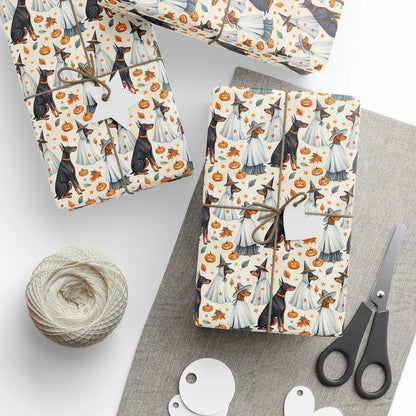 Spooky Doberman Halloween Wrapping Paper — styled gift wrapping with scissors and twine