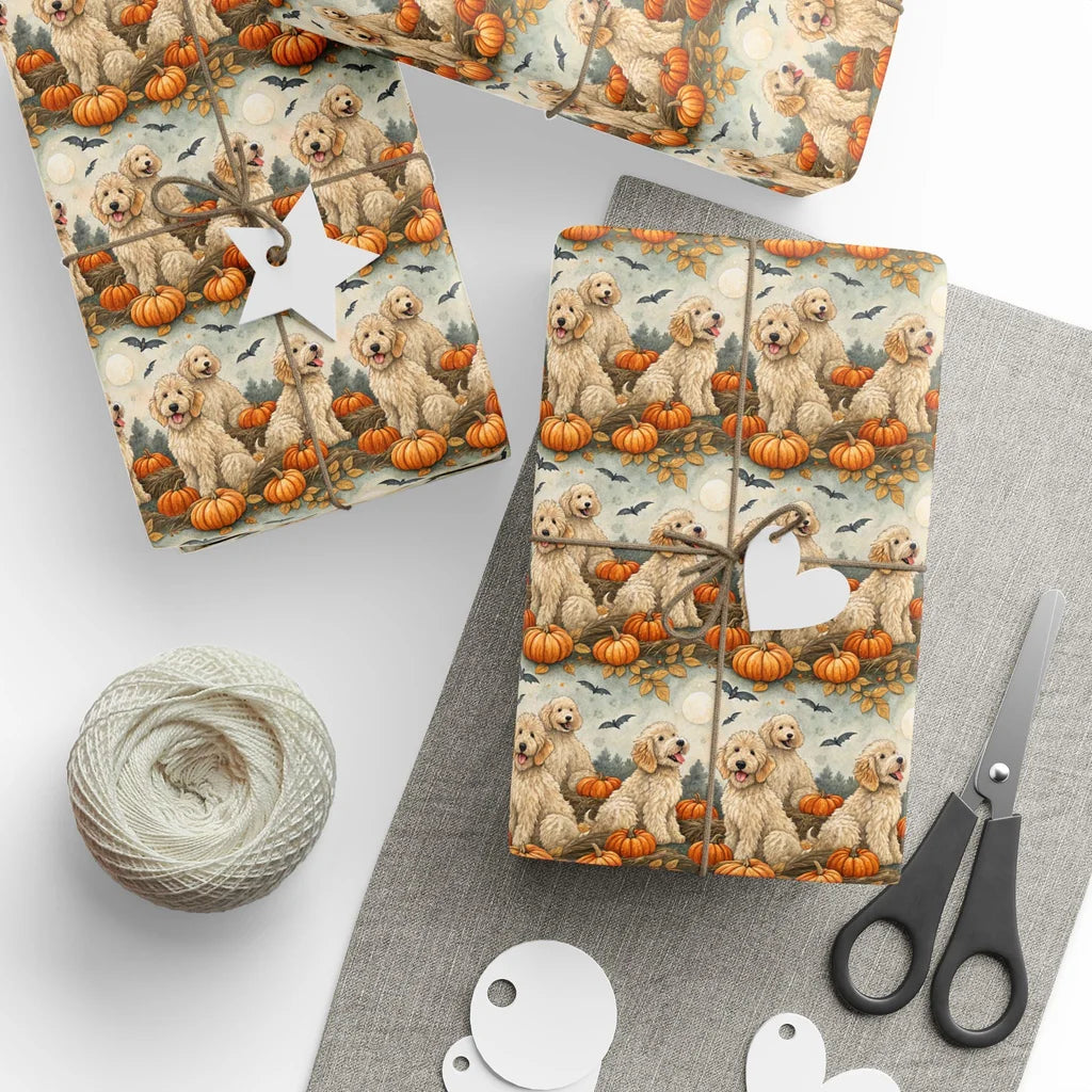 Spooky Doodle Halloween Wrapping Paper — styled gift wrapping with scissors and twine