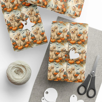 Spooky Doodle Halloween Wrapping Paper — styled gift wrapping with scissors and twine
