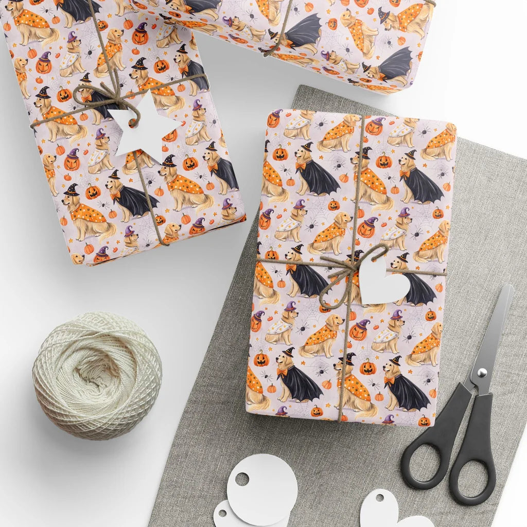 Spooky Good Boy: Golden Retriever Halloween Wrapping Paper — styled gift wrapping with scissors and twine