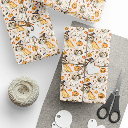 Spooky Shih Tzu Halloween Wrapping Paper — styled gift wrapping with scissors and twine