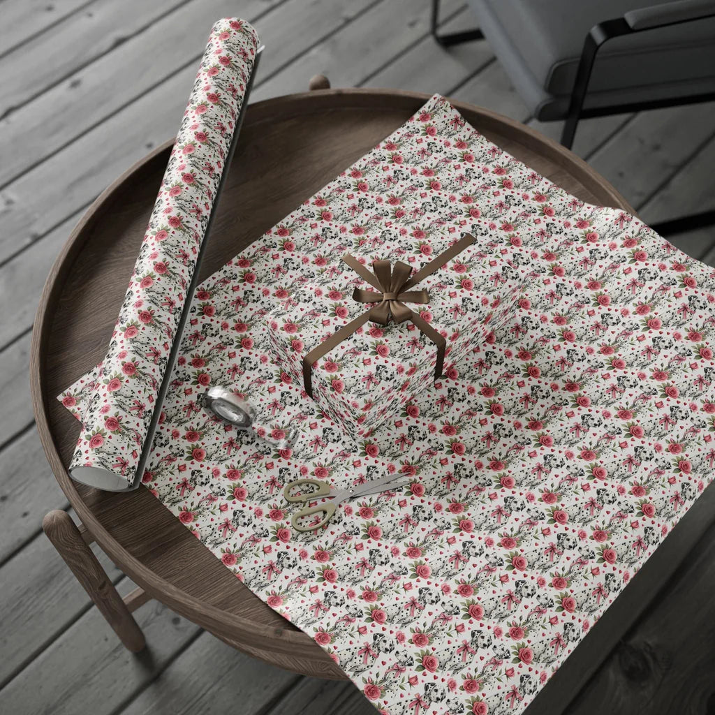 Spotted in Love: Dalmatian Valentine's Day Wrapping Paper — gift wrapping presented on a wooden table