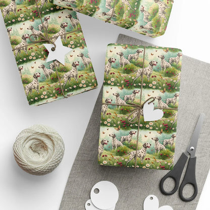 Spotted in the Garden: Dalmatian Wrapping Paper — styled gift wrapping with scissors and twine
