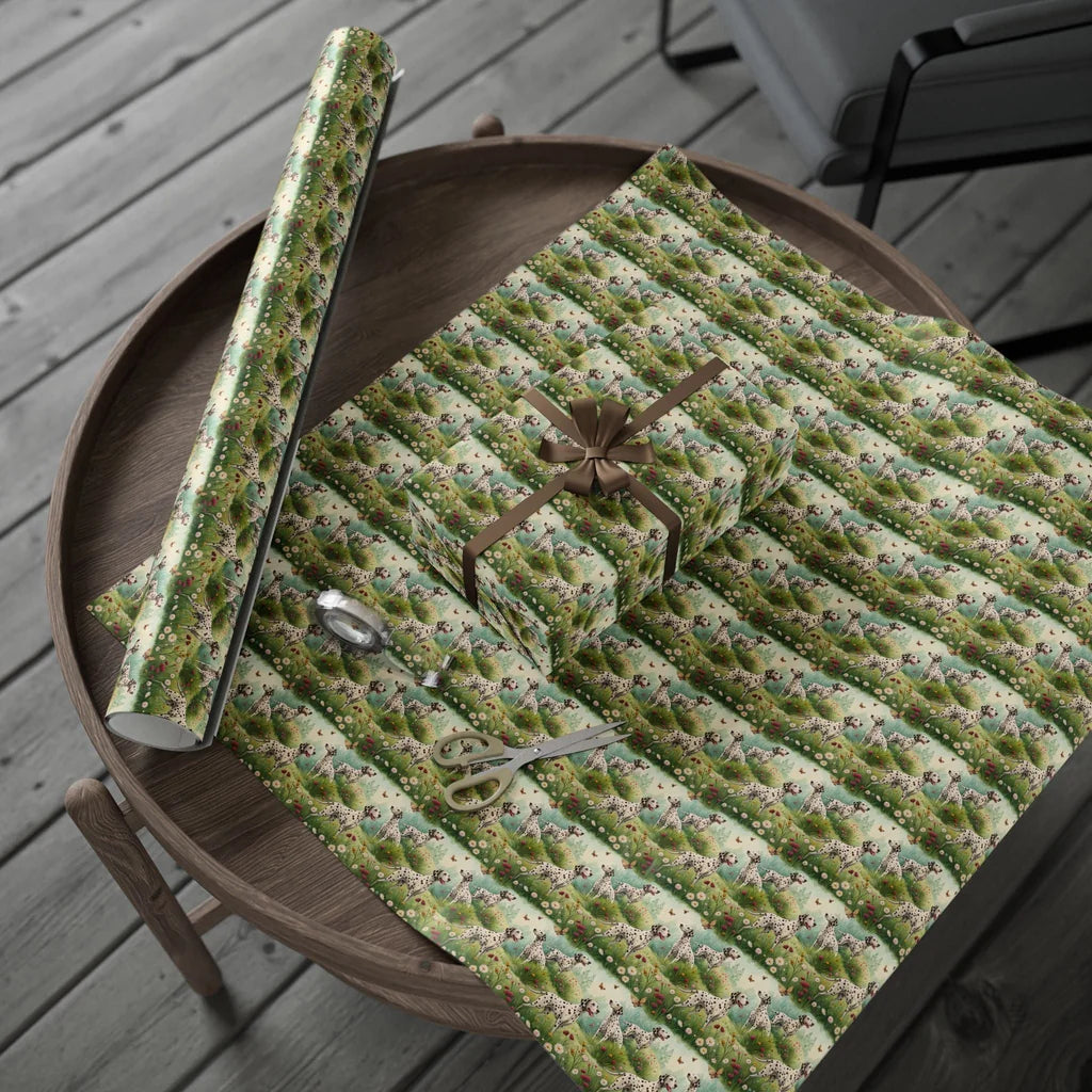 Spotted in the Garden: Dalmatian Wrapping Paper — gift wrapping presented on a wooden table