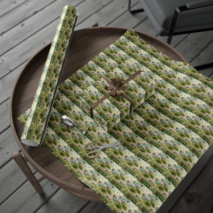 Spotted in the Garden: Dalmatian Wrapping Paper — gift wrapping presented on a wooden table