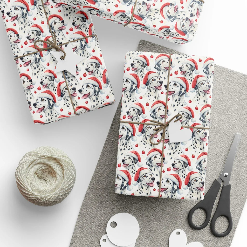 Spotty Santa: Dalmatian Christmas Wrapping Paper — styled gift wrapping with scissors and twine