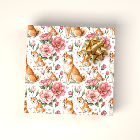 Such Bloom, Very Wow: Shiba Inu Floral Wrapping Paper — wrapped gift presentation