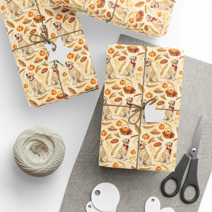 Thankful Pup: Yellow Lab Thanksgiving Wrapping Paper — styled gift wrapping with scissors and twine