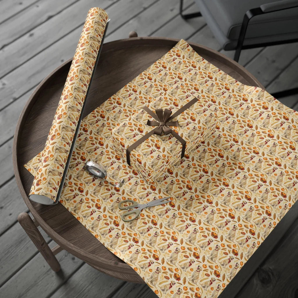 Thankful Pup: Yellow Lab Thanksgiving Wrapping Paper — gift wrapping presented on a wooden table