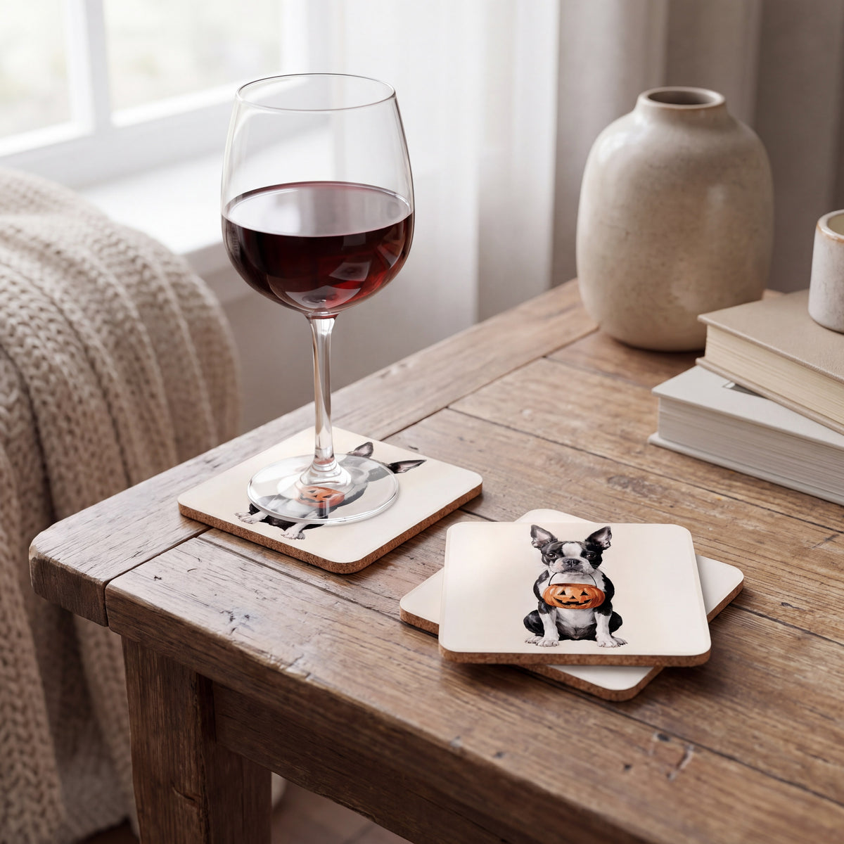 Boston Terrier Trick-or-Treat coaster set styled on a table
