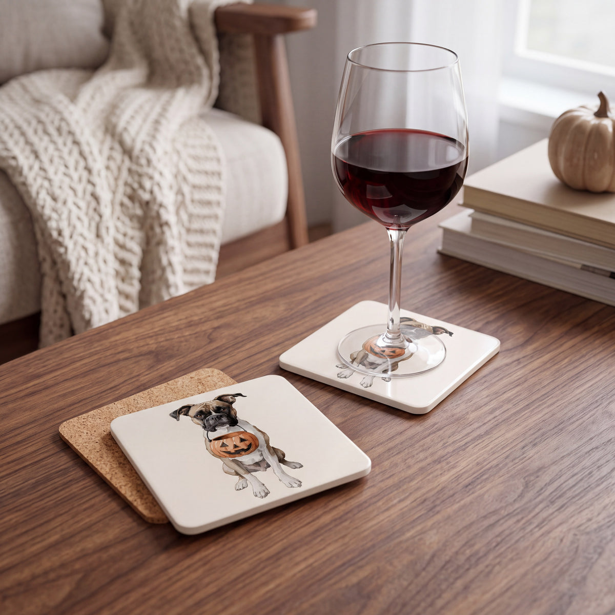 Boxer Trick-or-Treat coaster set styled on a table