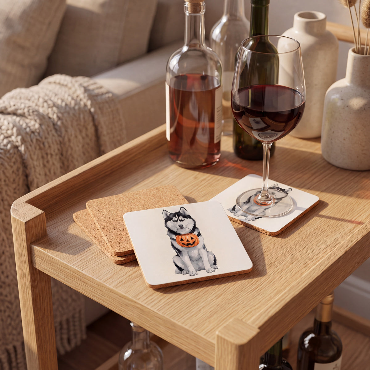 Siberian Husky Trick-or-Treat coaster set styled on a table