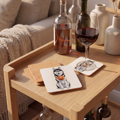 Siberian Husky Trick-or-Treat coaster set styled on a table