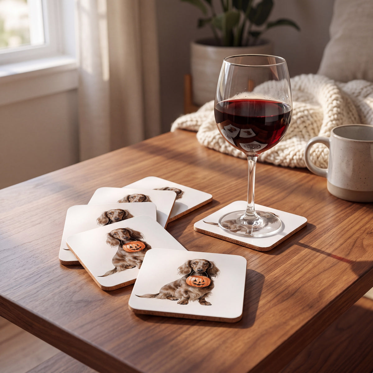 Dachshund Trick-or-Treat coaster set styled on a table