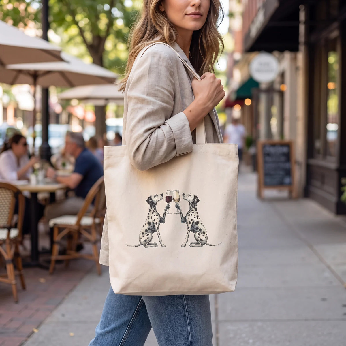 Happy Hour Dalmatian Tote Bag lifestyle, carried at the market
