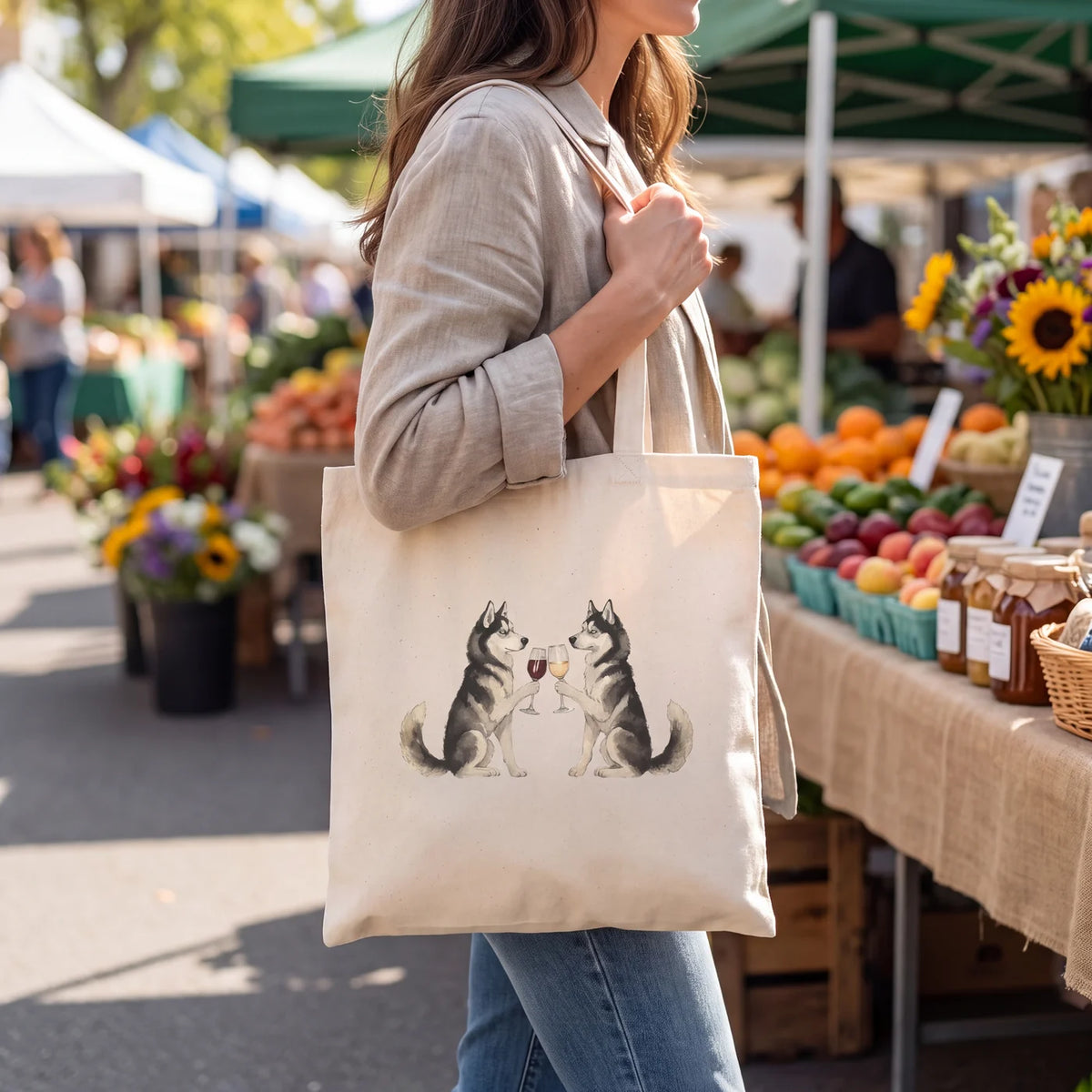 Happy Hour Siberian Husky Tote Bag lifestyle, carried at the market