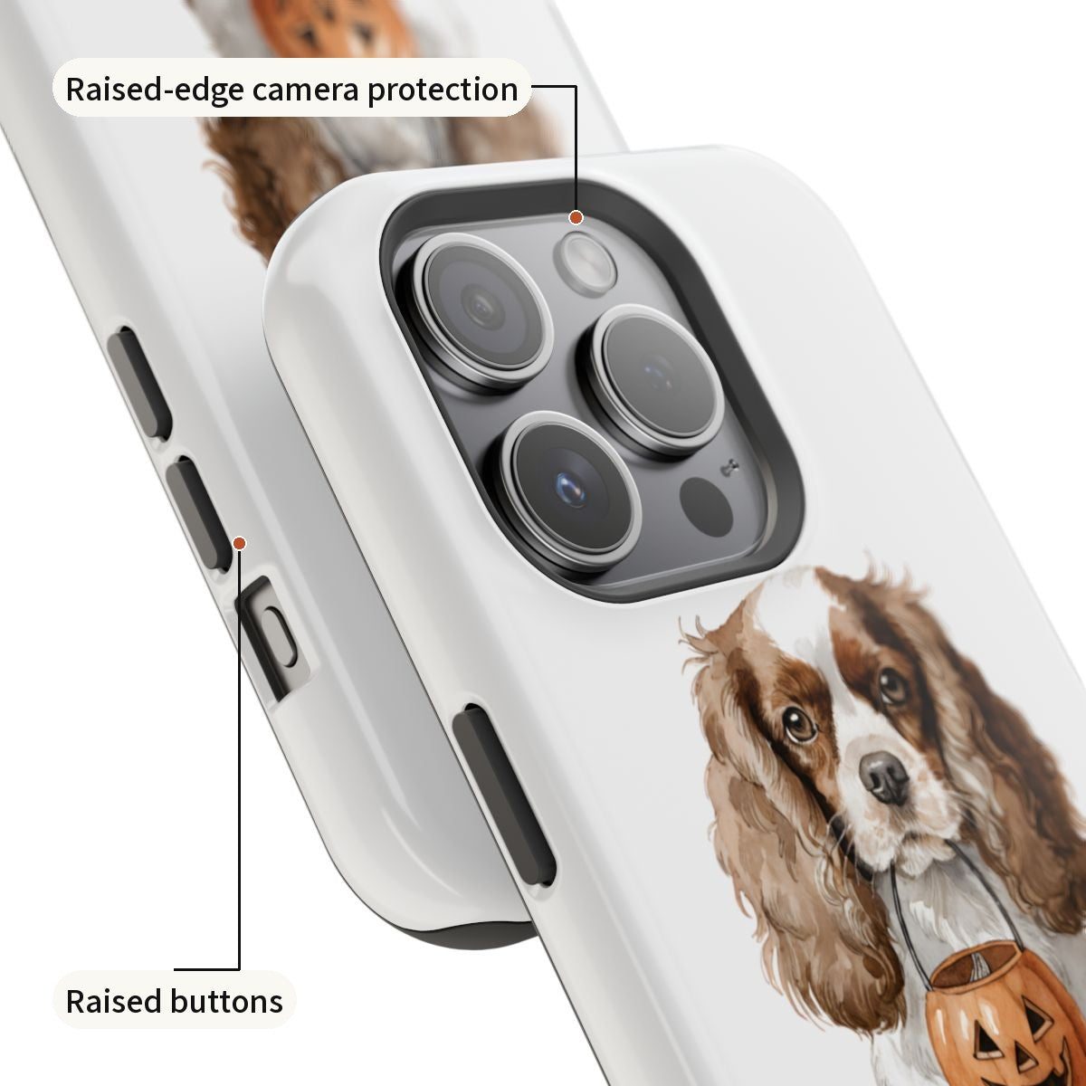 Trick-or-Treat Cavalier King Charles Spaniel Phone Case camera and button detail
