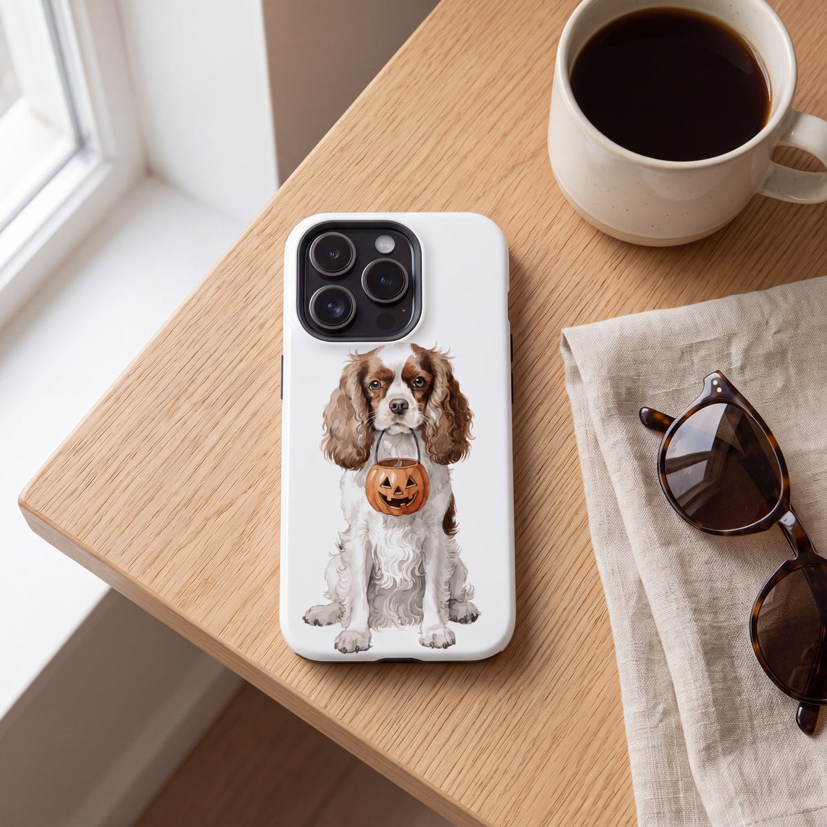 Trick-or-Treat Cavalier King Charles Spaniel Phone Case lifestyle on a desk