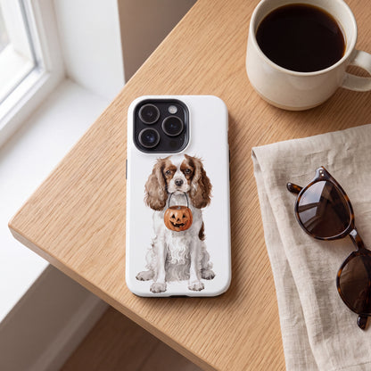 Trick-or-Treat Cavalier King Charles Spaniel Phone Case lifestyle on a desk