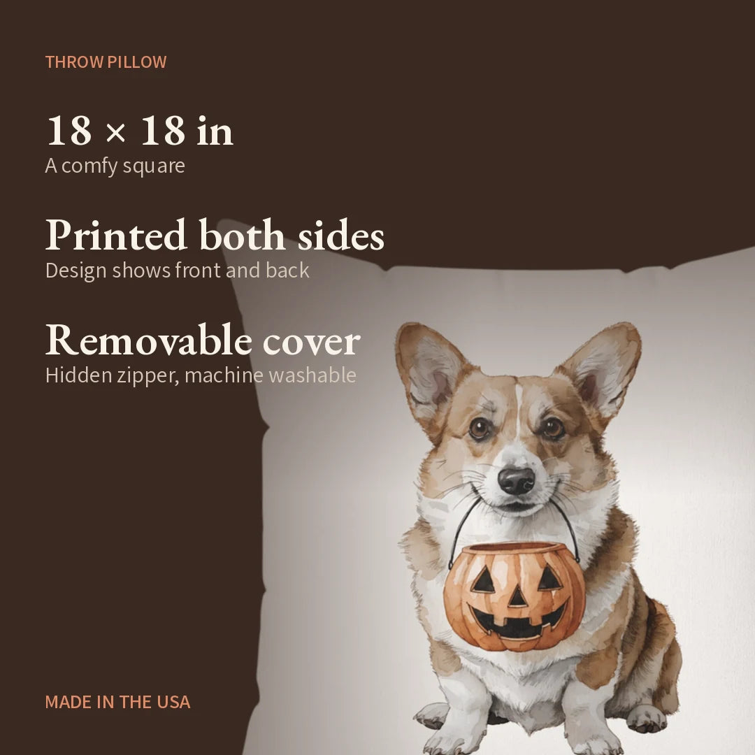 Trick-or-Treat Corgi Throw Pillow — what you get