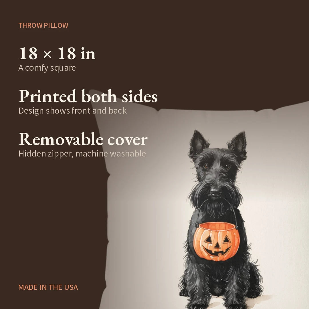 Trick-or-Treat Scottish Terrier Throw Pillow — what you get