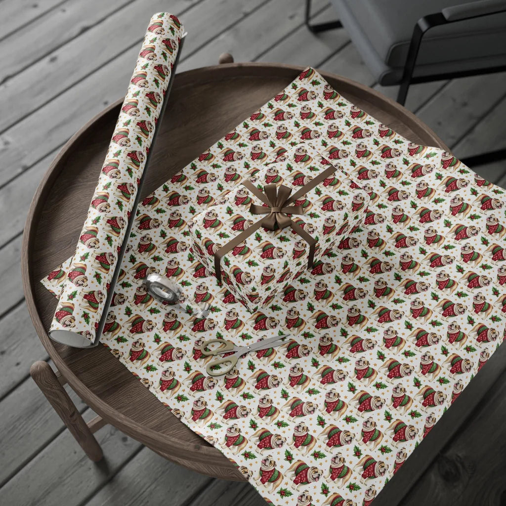Ugly Christmas Sweater English Bulldog Wrapping Paper — gift wrapping presented on a wooden table