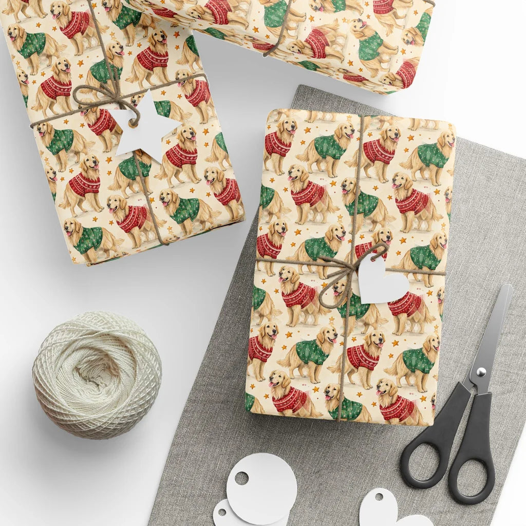 Ugly Christmas Sweater Golden Retriever Wrapping Paper — styled gift wrapping with scissors and twine