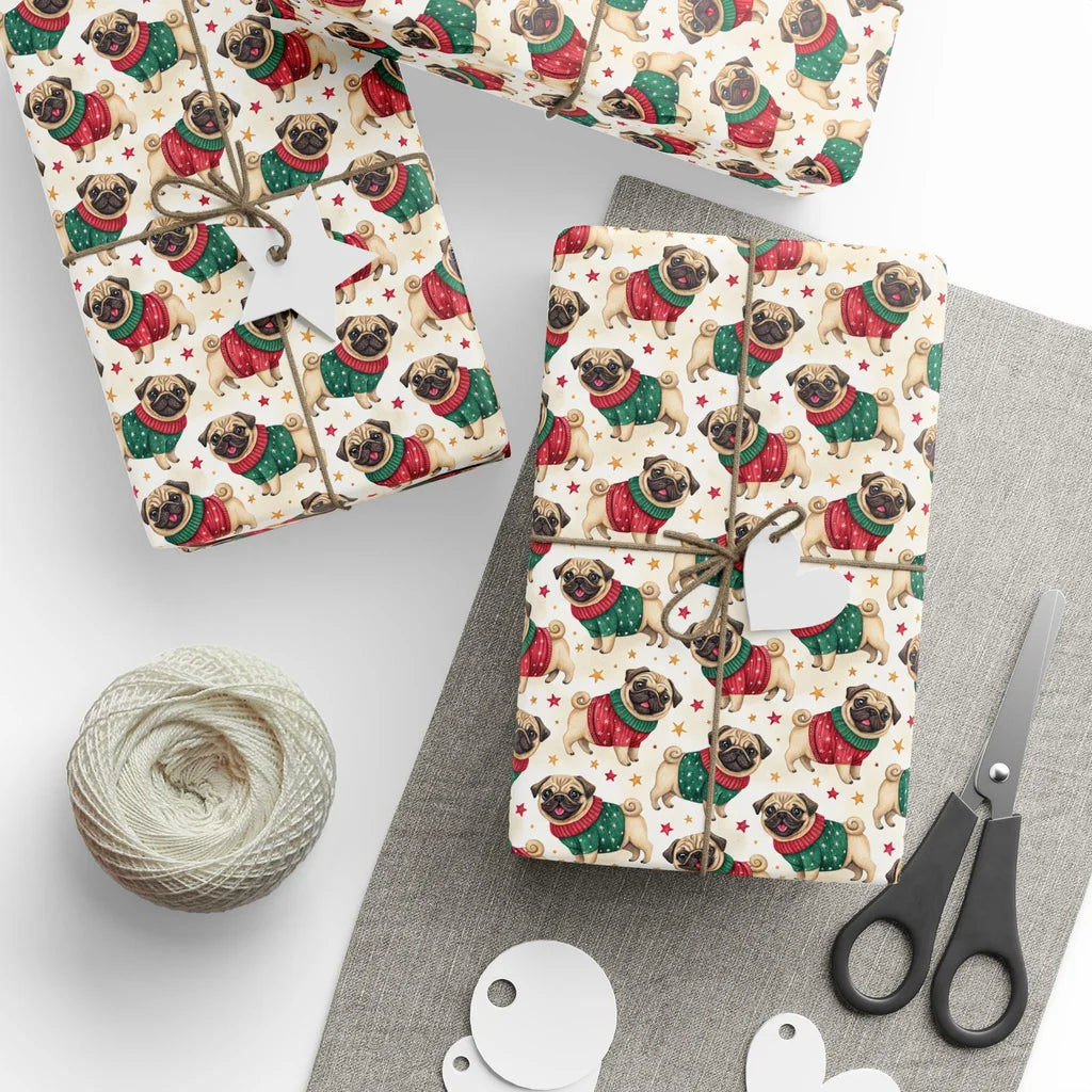 Ugly Christmas Sweater Pug Wrapping Paper — styled gift wrapping with scissors and twine