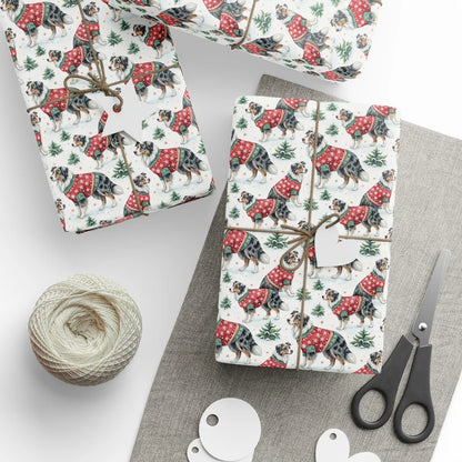 Ugly Sweater Australian Shepherd Christmas Wrapping Paper — styled gift wrapping with scissors and twine