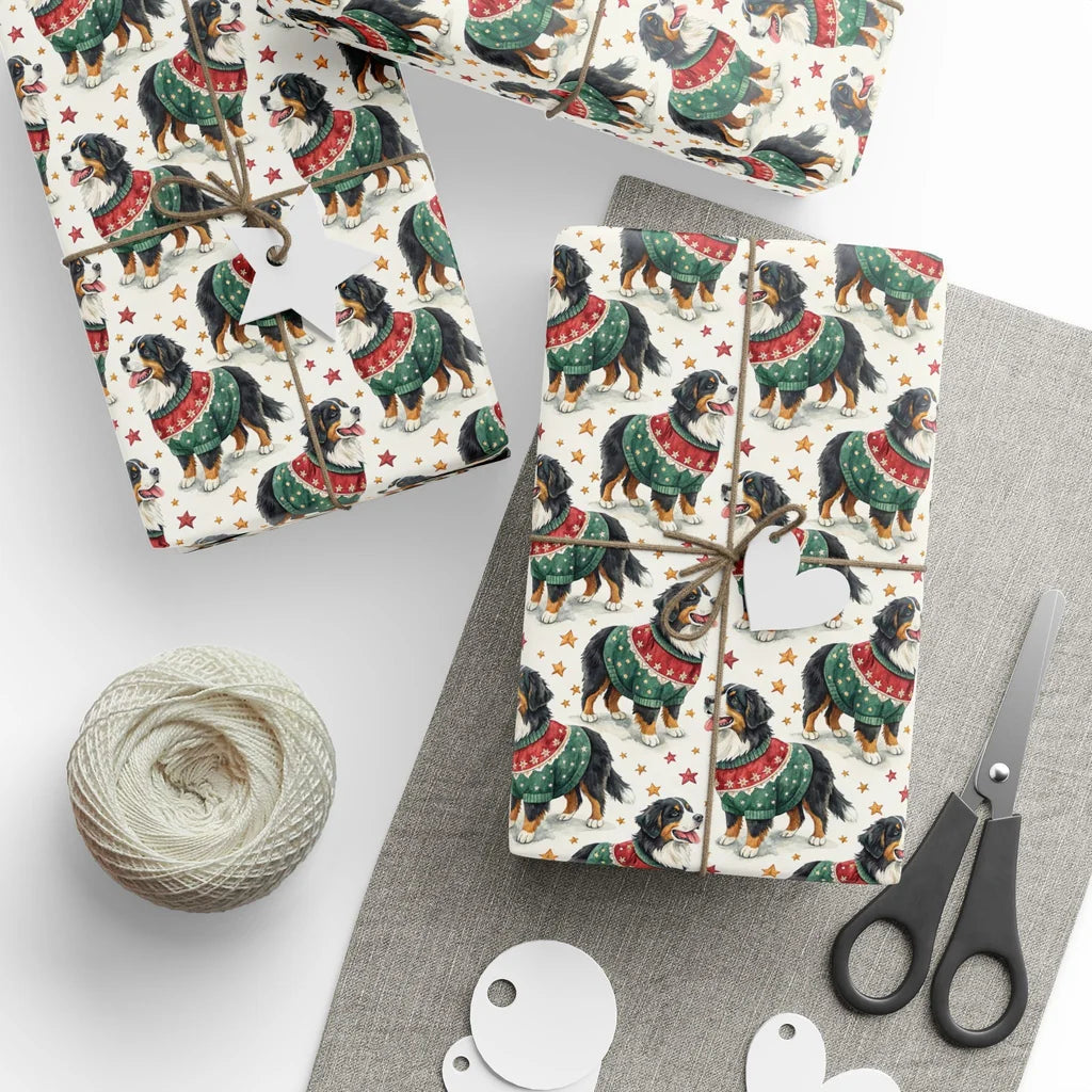 Ugly Sweater Bernese Mountain Dog Christmas Wrapping Paper — styled gift wrapping with scissors and twine