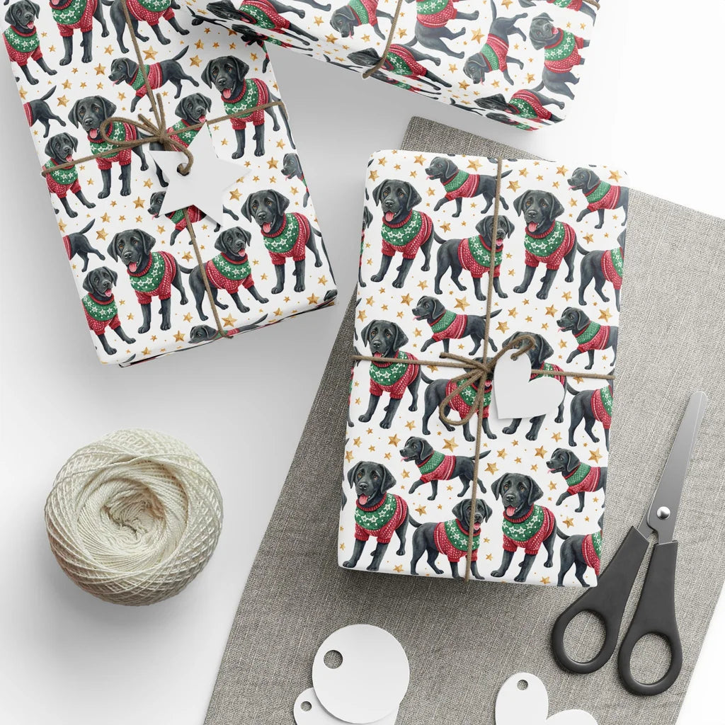 Ugly Sweater Black Lab Christmas Wrapping Paper — styled gift wrapping with scissors and twine