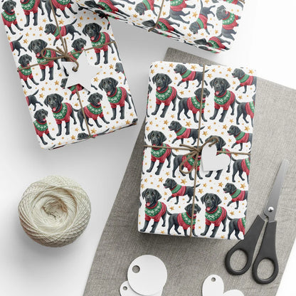 Ugly Sweater Black Lab Christmas Wrapping Paper — styled gift wrapping with scissors and twine