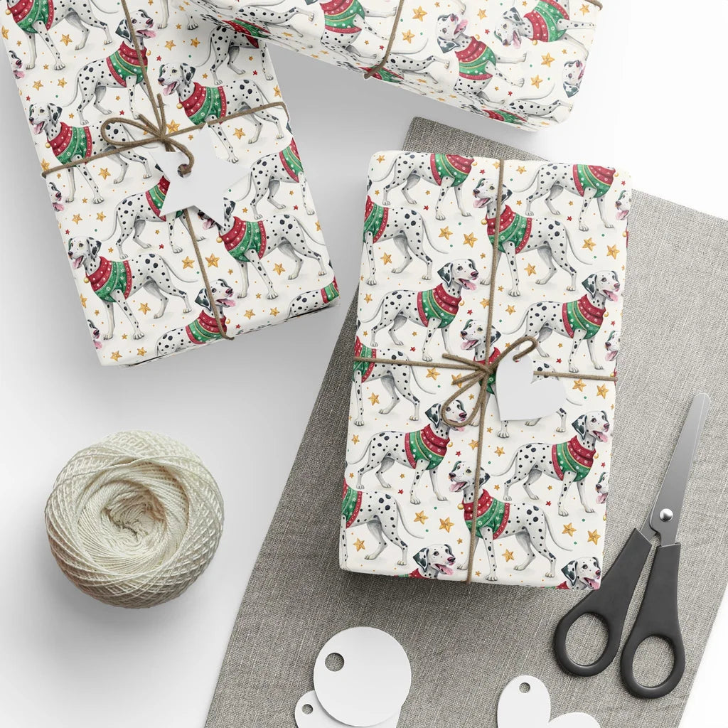 Ugly Sweater Dalmatian Christmas Wrapping Paper — styled gift wrapping with scissors and twine