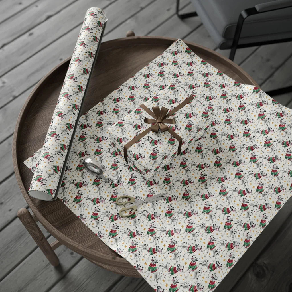 Ugly Sweater Dalmatian Christmas Wrapping Paper — gift wrapping presented on a wooden table