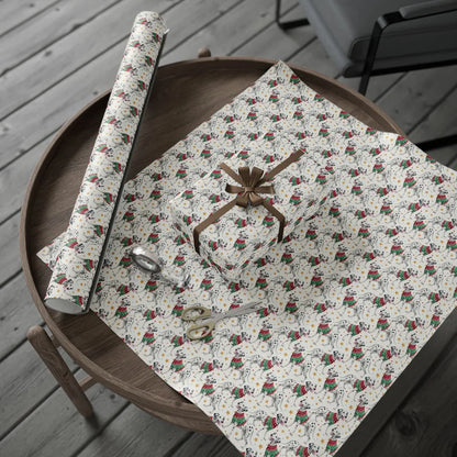 Ugly Sweater Dalmatian Christmas Wrapping Paper — gift wrapping presented on a wooden table
