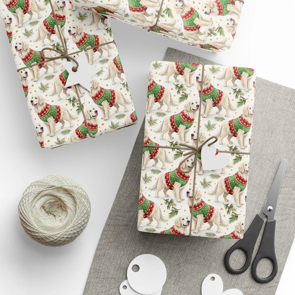 Ugly Sweater Golden Retriever Christmas Wrapping Paper — styled gift wrapping with scissors and twine