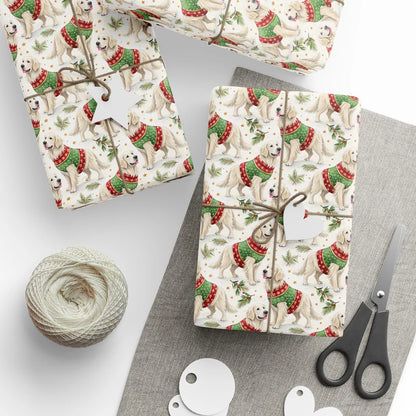 Ugly Sweater Golden Retriever Christmas Wrapping Paper — styled gift wrapping with scissors and twine
