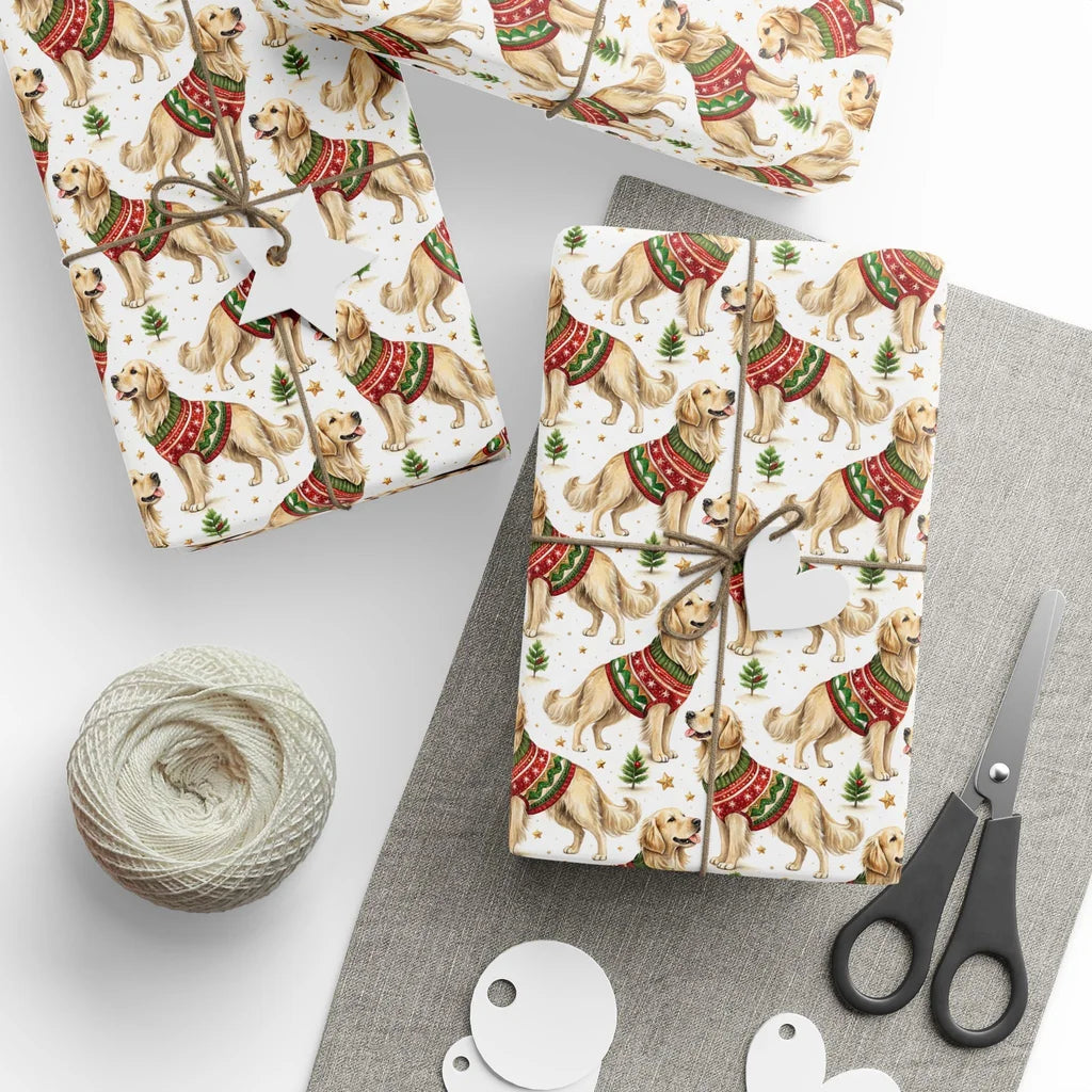 Ugly Sweater Golden Retriever Christmas Wrapping Paper — styled gift wrapping with scissors and twine