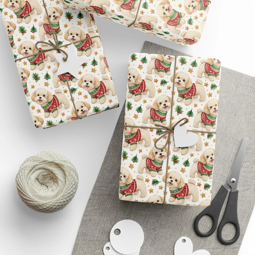 Ugly Sweater Maltese Christmas Wrapping Paper — styled gift wrapping with scissors and twine