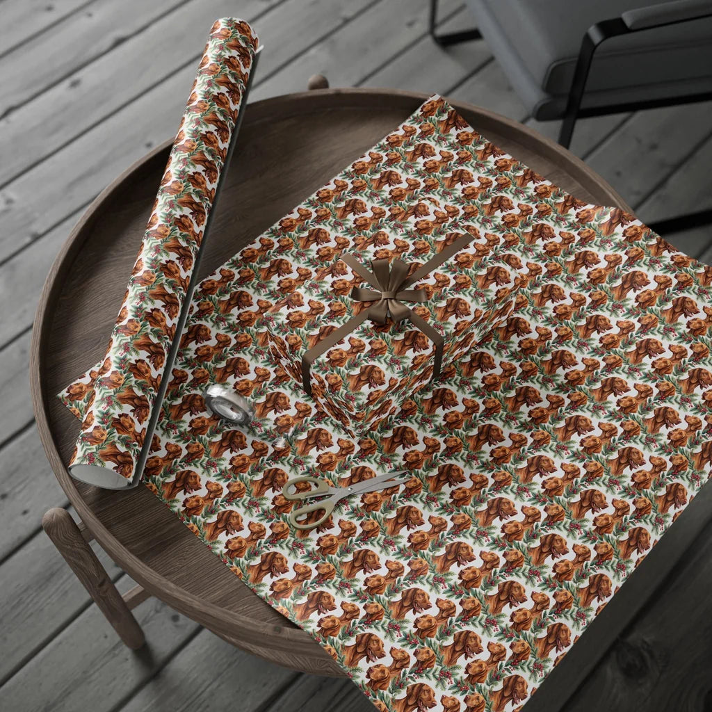 Vizsla Portrait Wreath Wrapping Paper — gift wrapping presented on a wooden table